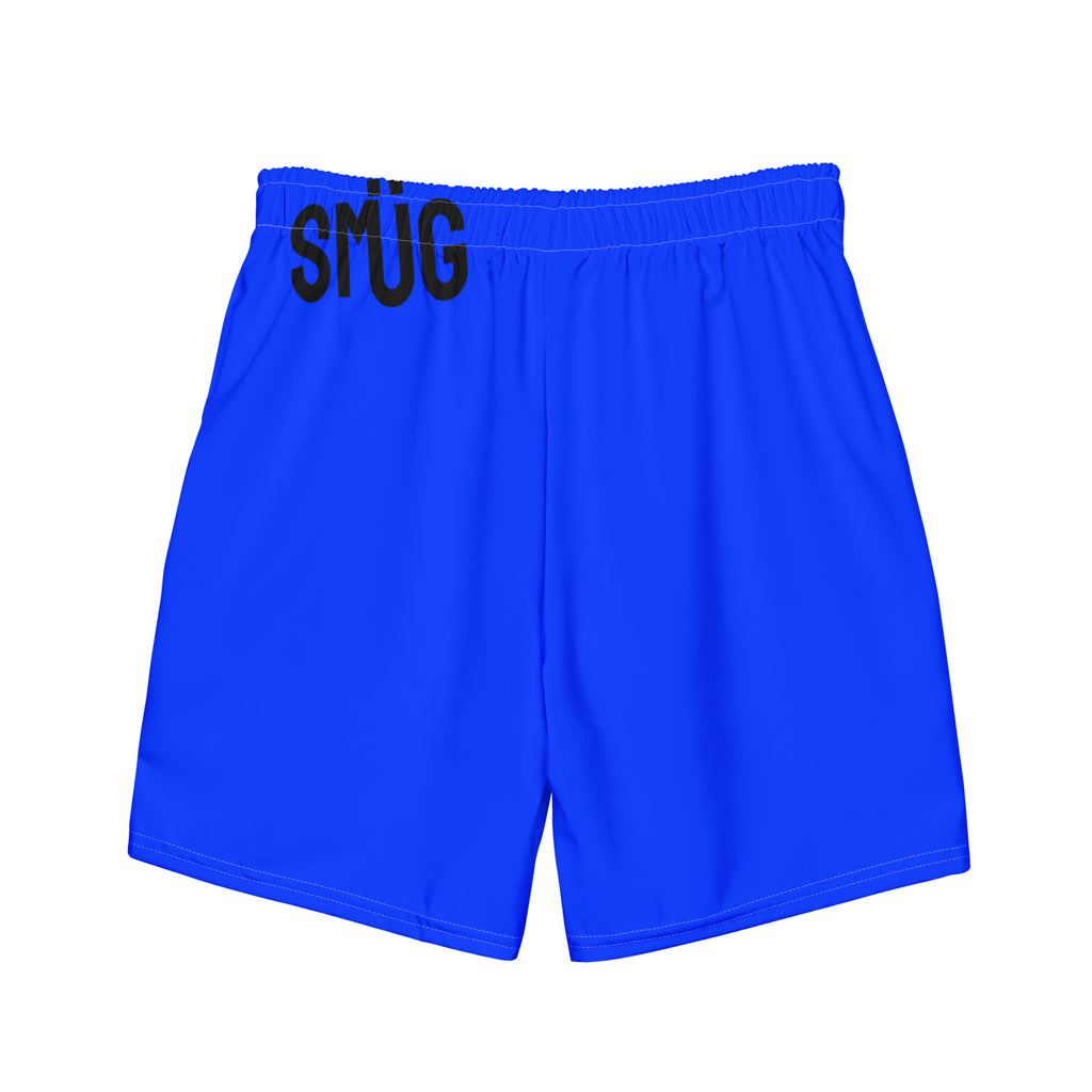 Blue shorts with 'SMÜG' branding on a white background