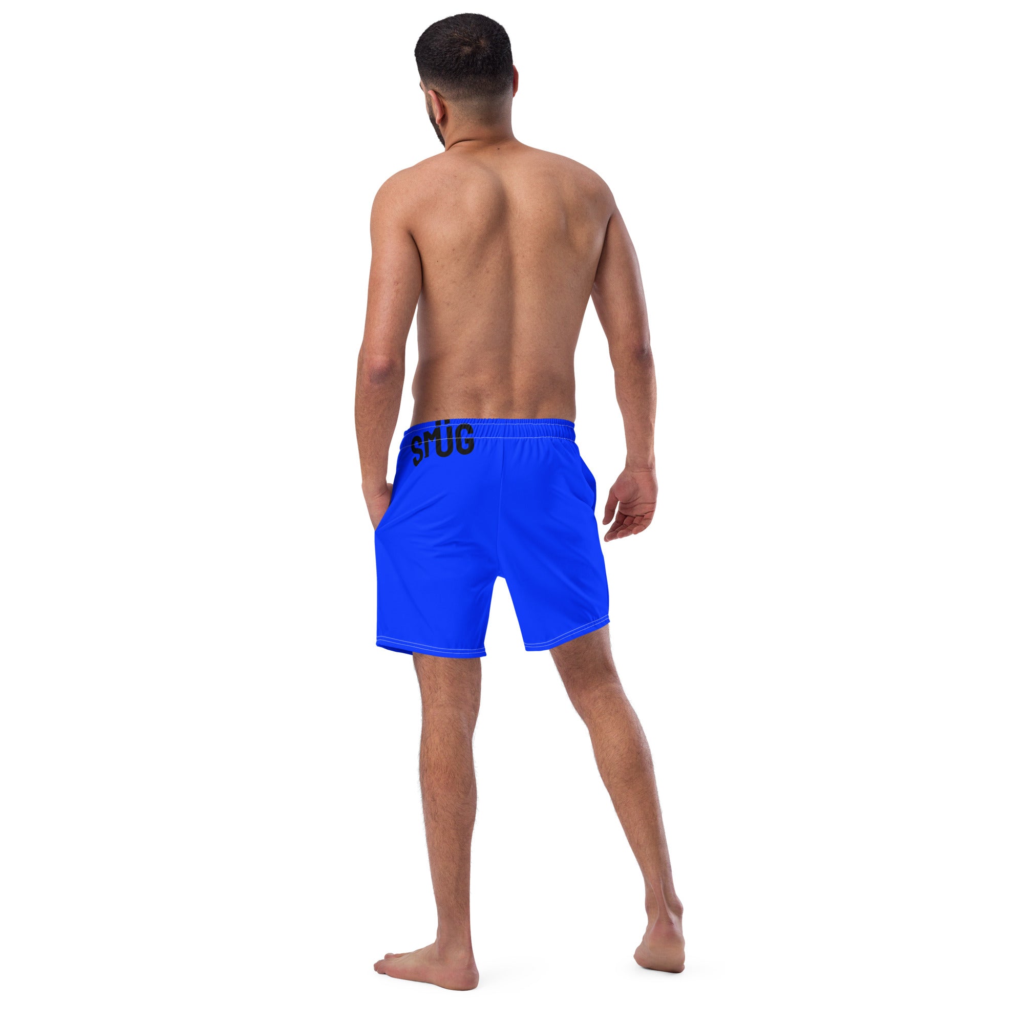 Man wearing blue swim shorts with text on a white background