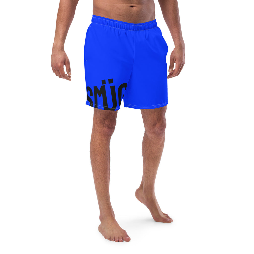 Blue swim shorts with black text on a white background