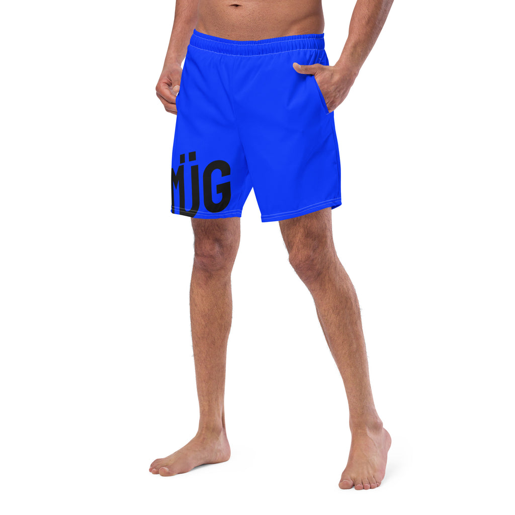 Blue swim shorts with black text on a white background