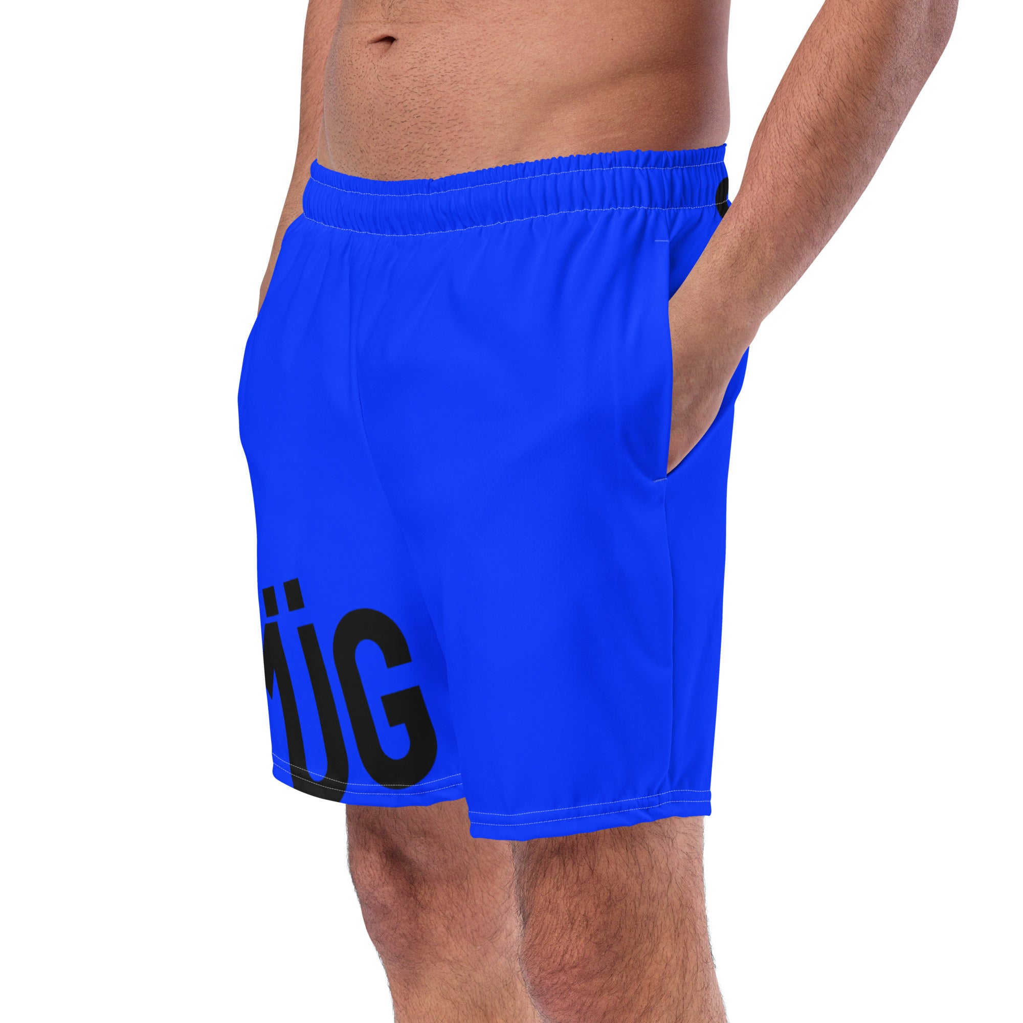 Blue shorts with black text on a white background
