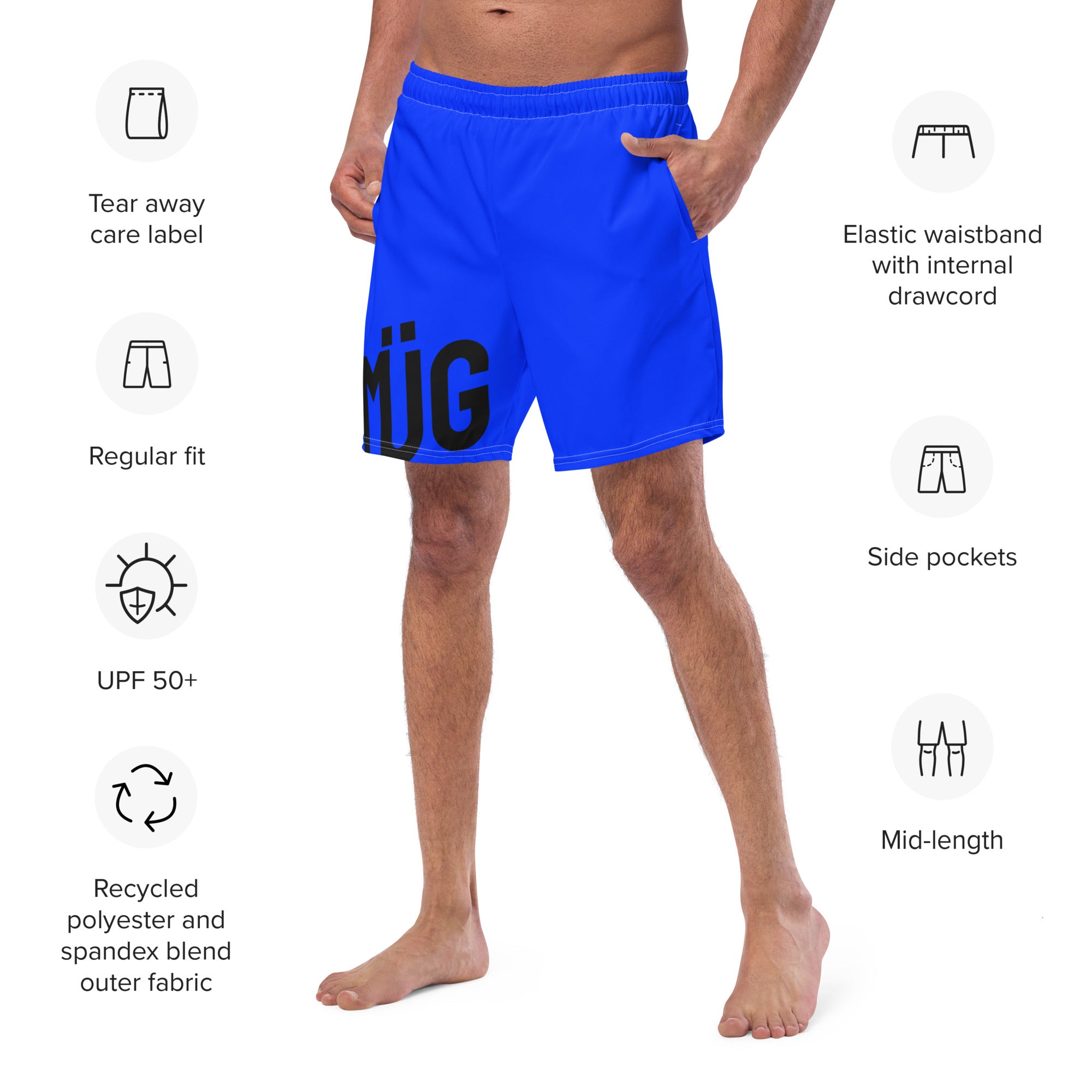 Blue swim shorts with text on a white background, featuring product features.