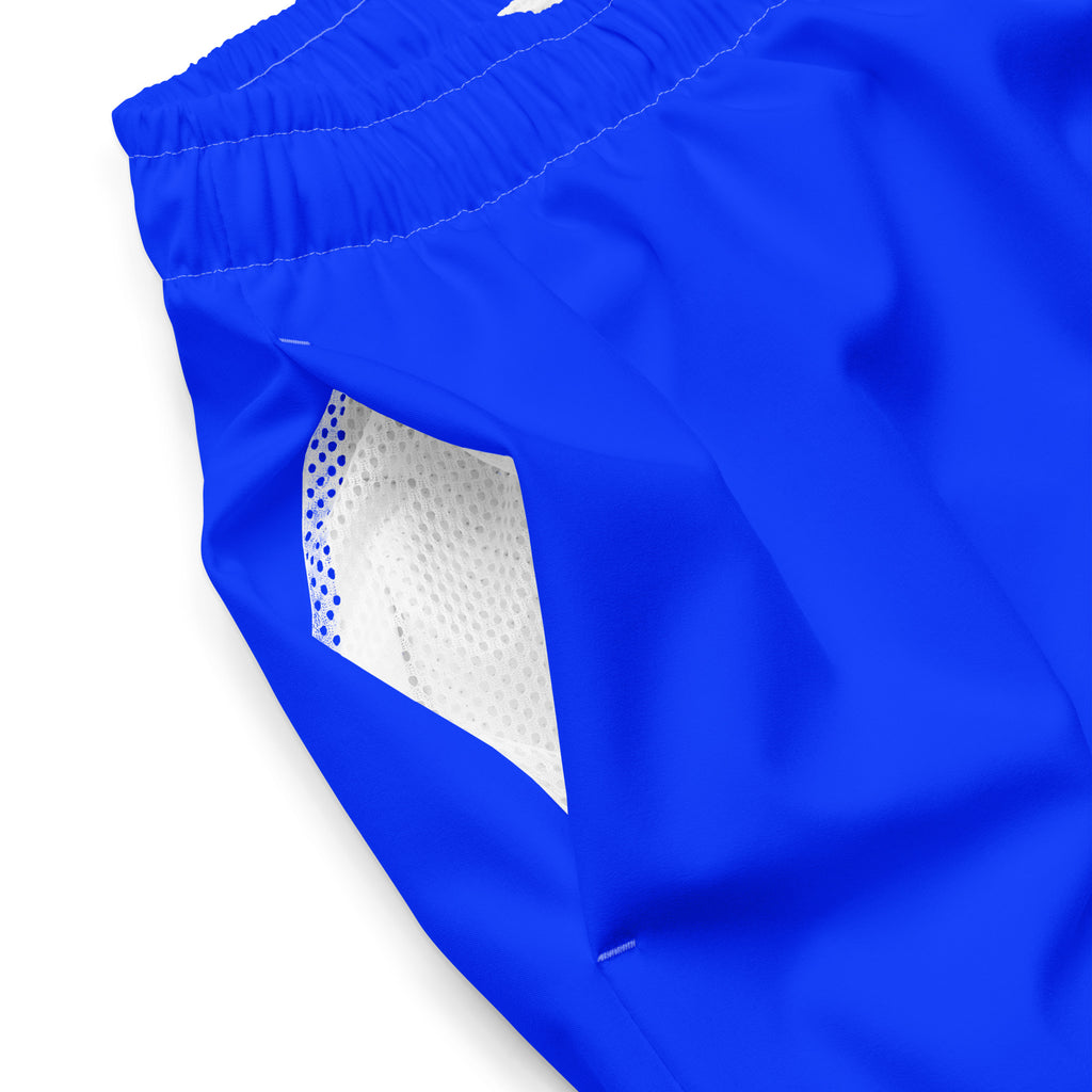 Close-up of blue shorts with a mesh panel on a white background