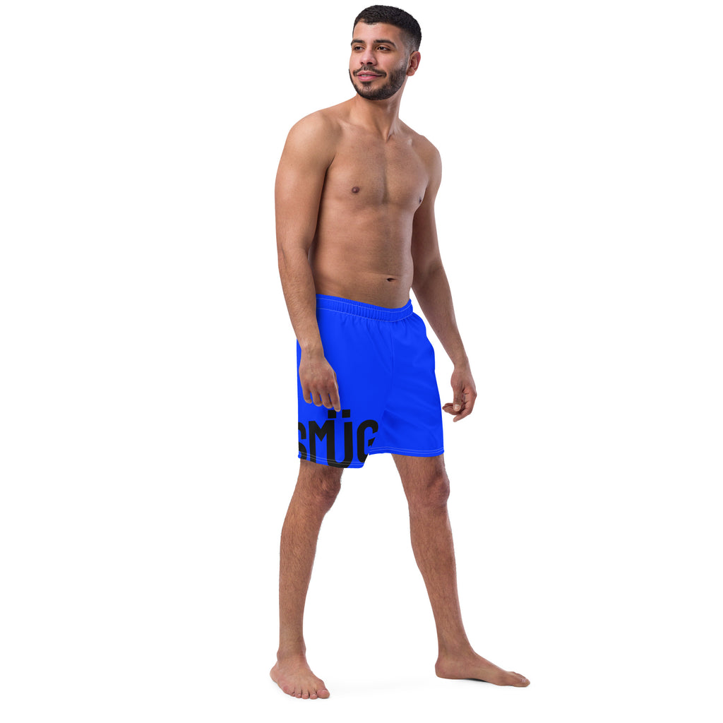 Man wearing a blue swim shorts with text on a white background