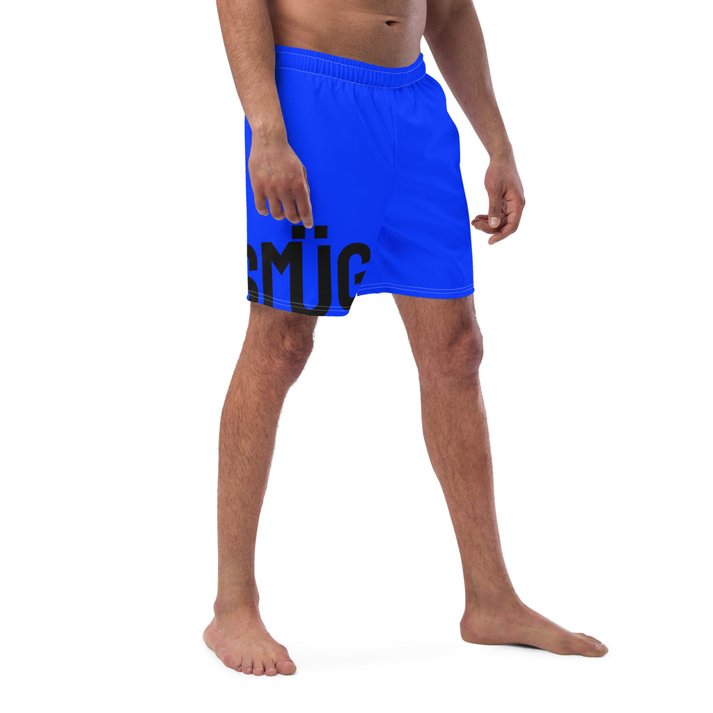 Person wearing blue shorts with black text on a white background